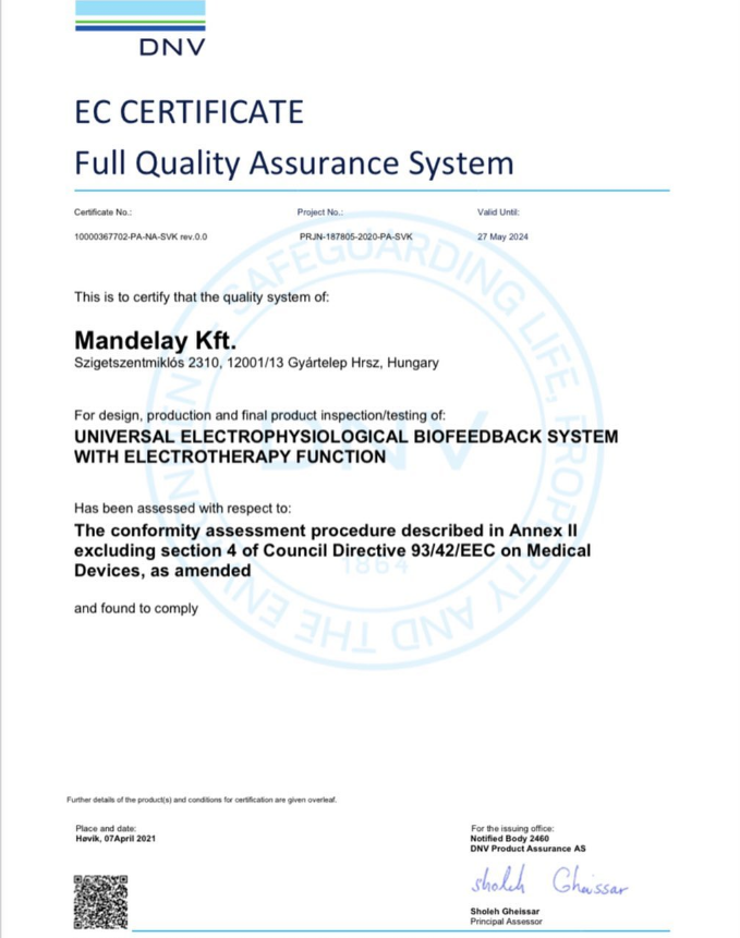 Biofeedback device compliance certificate used as approved public supporting evidence.