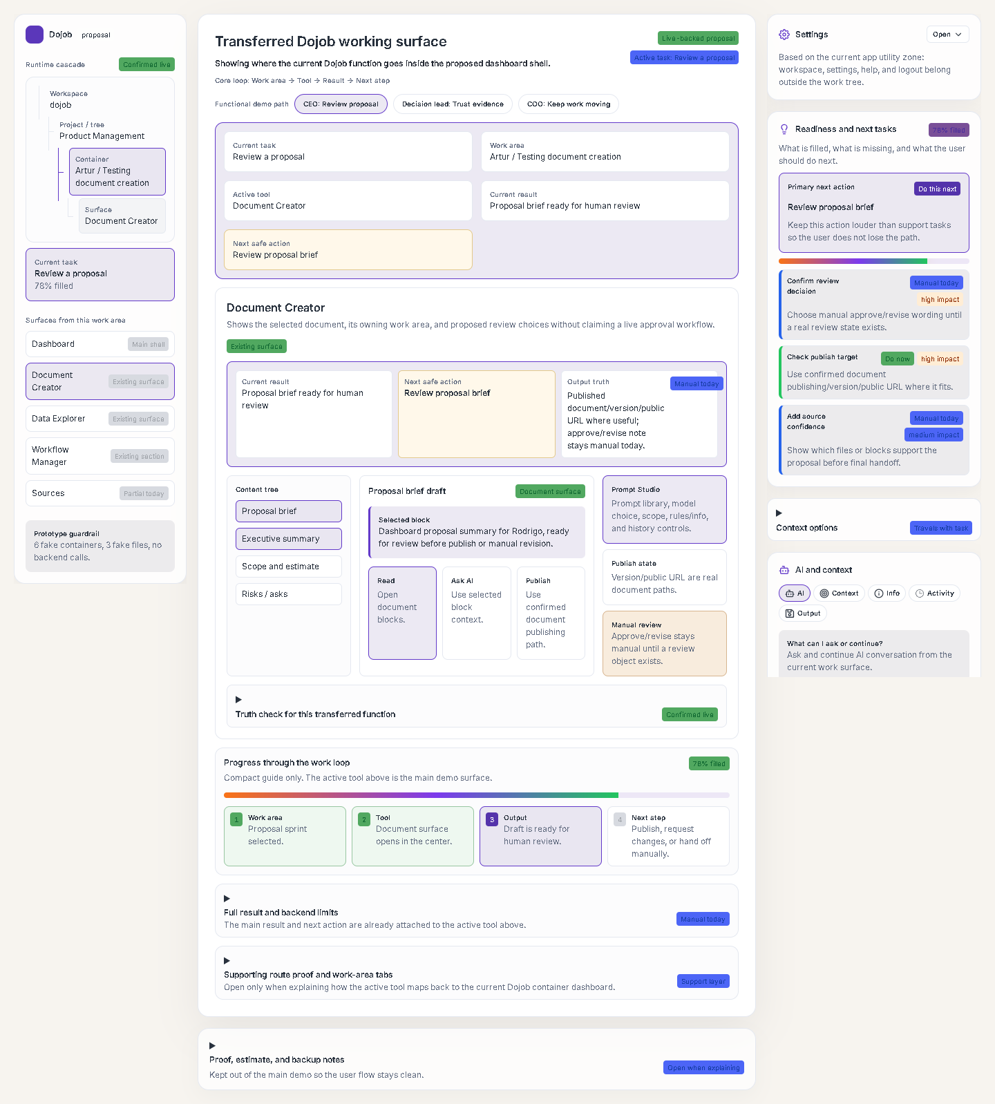 A&T-created Dojob.ai dashboard direction preview showing home, work area, and output structure.